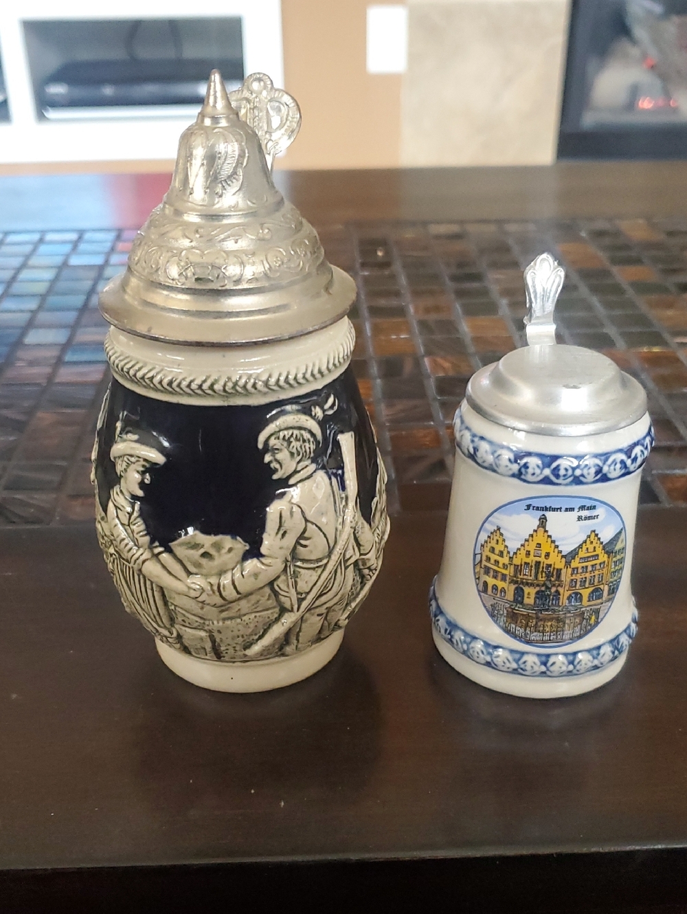 Vintage German Beer Steins - Blue & Cream